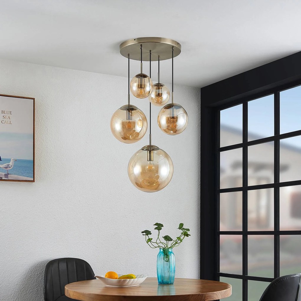 Lampada a sospensione in vetro Teeja Lindby, dimmerabile, Crema / Ambra, Soggiorno / Sala da pranzo, Vetro, Vintage, Lampada a sospensione