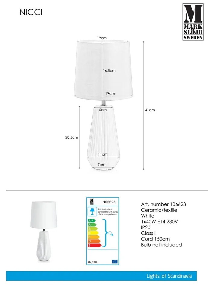 Lampada da tavolo bianca , ø 19 cm Nicci - Markslöjd