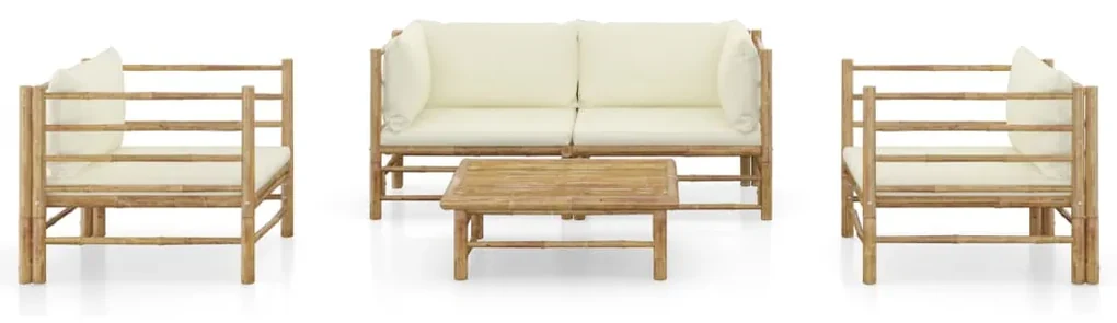 Set divani da giardino 5 pz con cuscini bianco crema in bambù