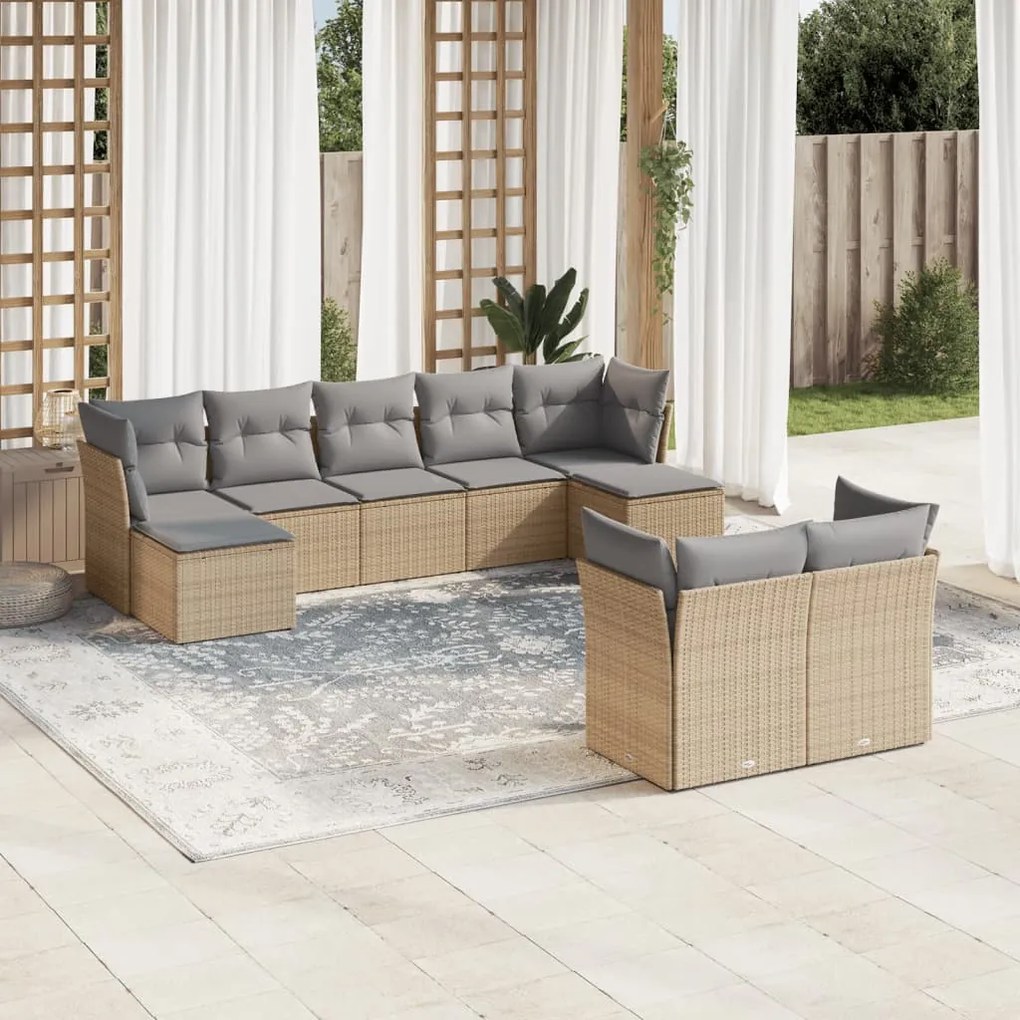 Set divano da giardino 9 pz con cuscini beige in polyrattan