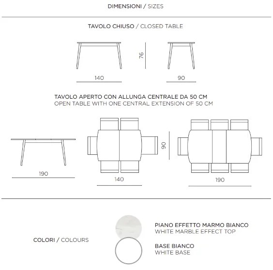 Tavolo allungabile 190 cm con base metallo e piano effetto marmo Bianco COSMO