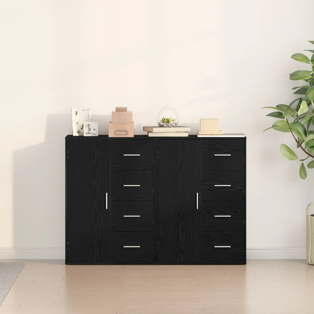 Sideboard set di 2 quercia nera legno, maniglie in metallo medio
