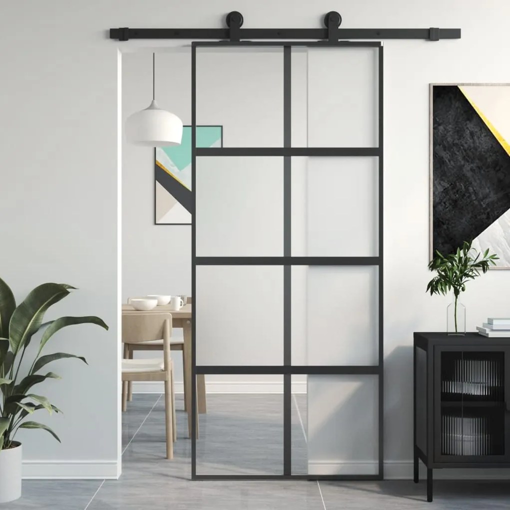 Porta Scorrevole Nera 90x205 Cm İn Vetro Temperato E Alluminio /