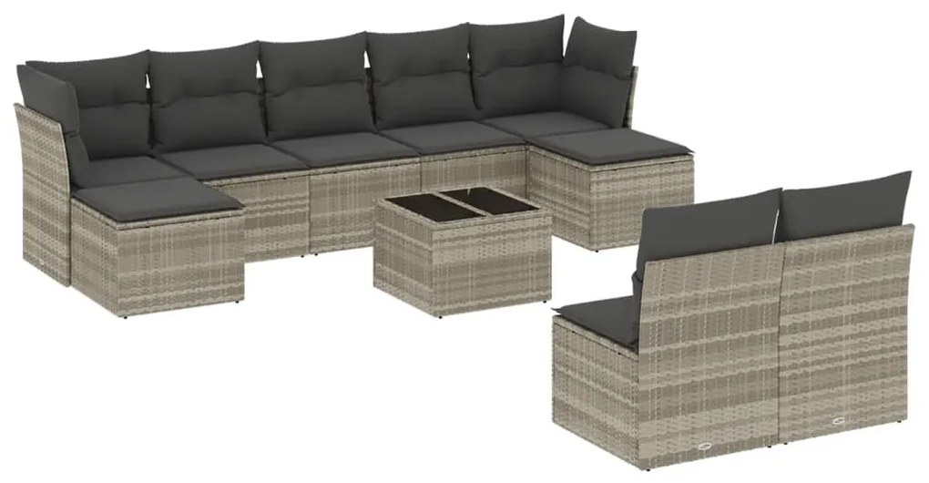 Set divano giardino 10 pz con cuscini grigio chiaro polyrattan