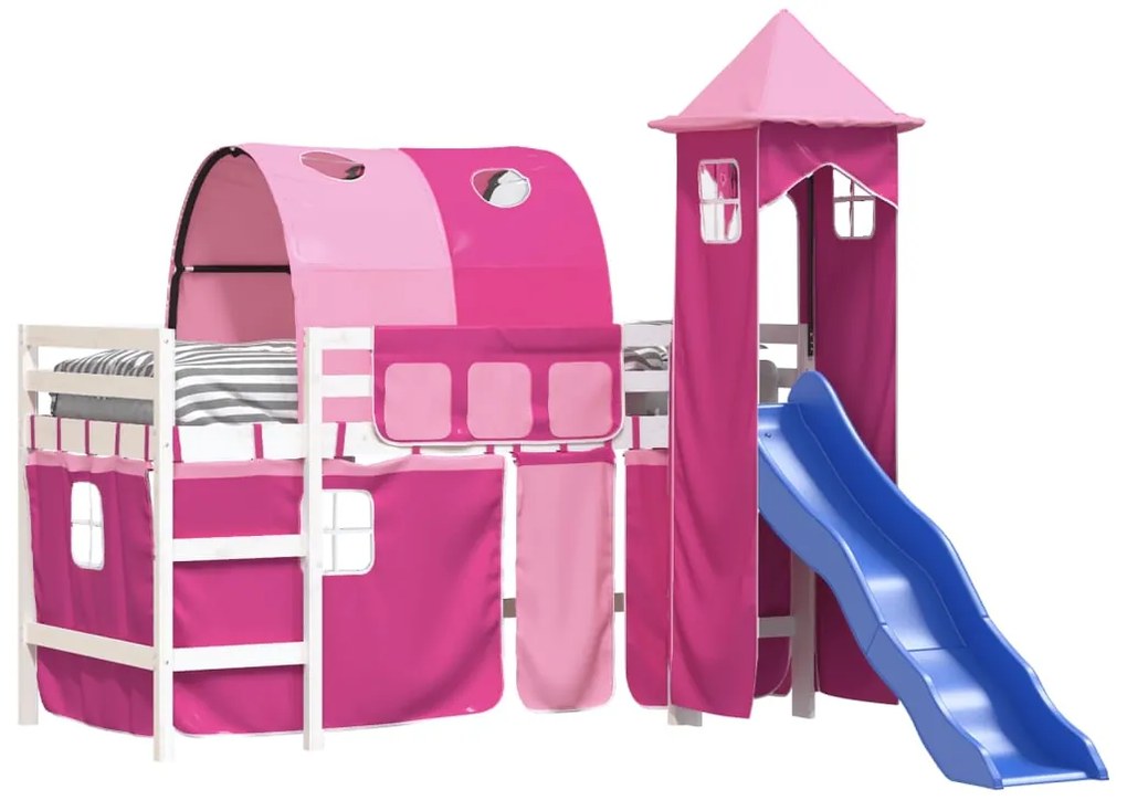 Letto a soppalco con torre bambini rosa 80x200cm massello pino