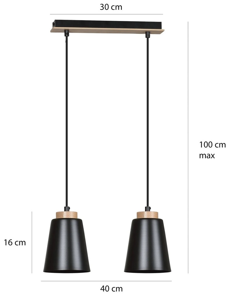 Lampadario 2 Luci Bolero Con Paralumi A Cono In Acciaio Nero E Legno Naturale