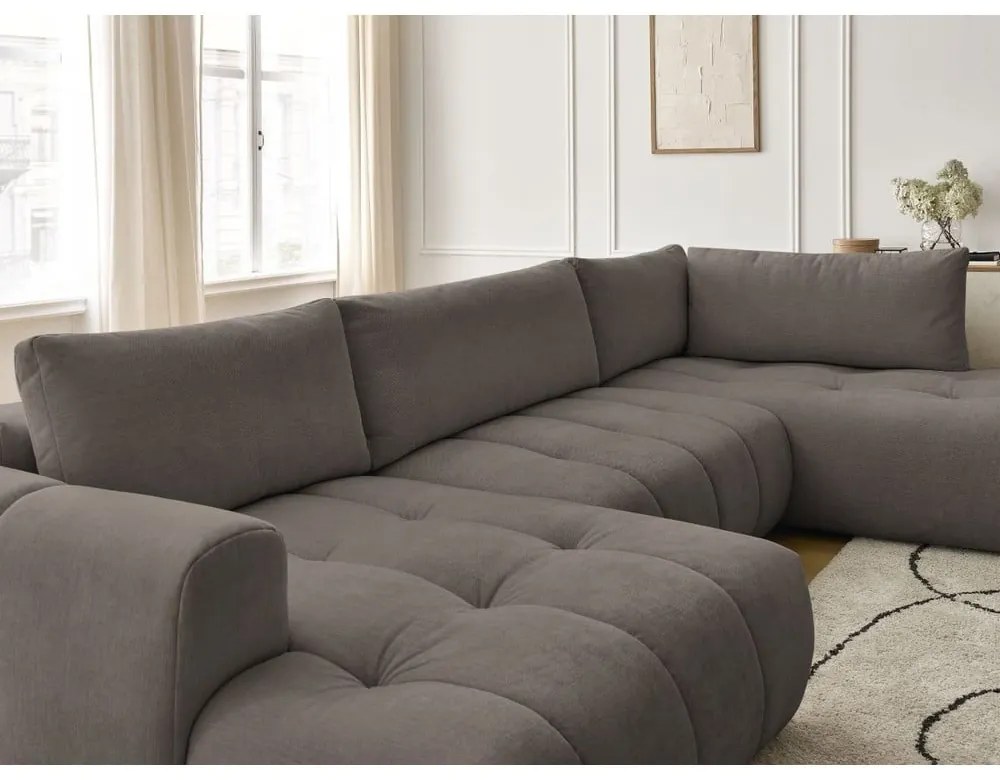 Divano angolare grigio tortora allungabile e con contenitore (penisola a destra/a U) con rivestimento in ciniglia Fuji – Bobochic Paris