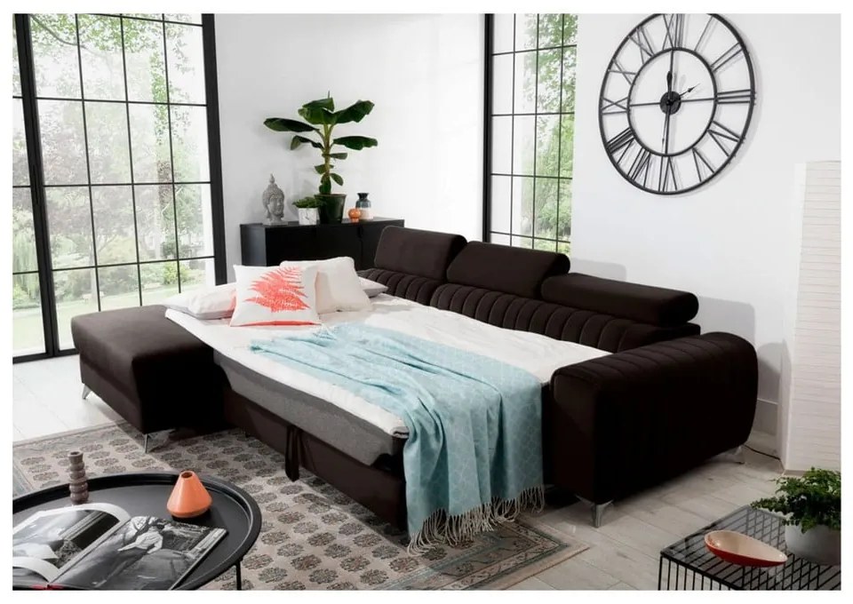 Divano angolare marrone scuro allungabile/con contenitore (con penisola a sinistra/con chaise lounge) e rivestimento in velluto Grayson – ELTAP