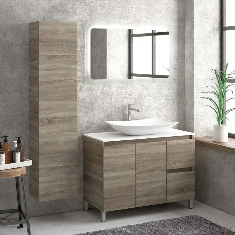 Composizione bagno 100cm a terra: mobile, specchio led e colonna TOD-100B - KAMALU