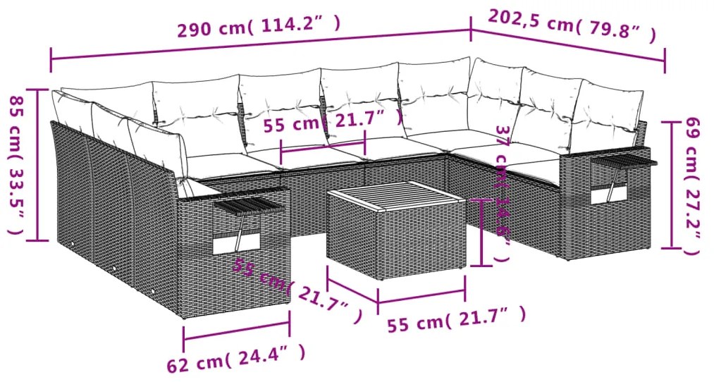 Set Divani da Giardino 10pz con Cuscini in Polyrattan Nero