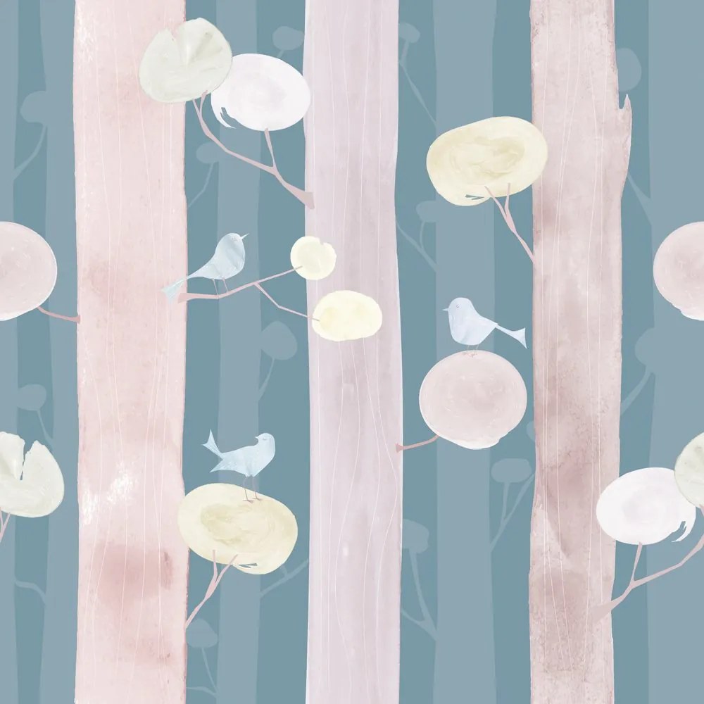 Carta da parati – Uccellini sugli alberi con sfondo blu