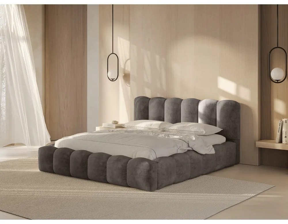 Letto matrimoniale imbottito marrone chiaro con spazio contenitivo e rete 180x200 cm Lupine - Micadoni Home