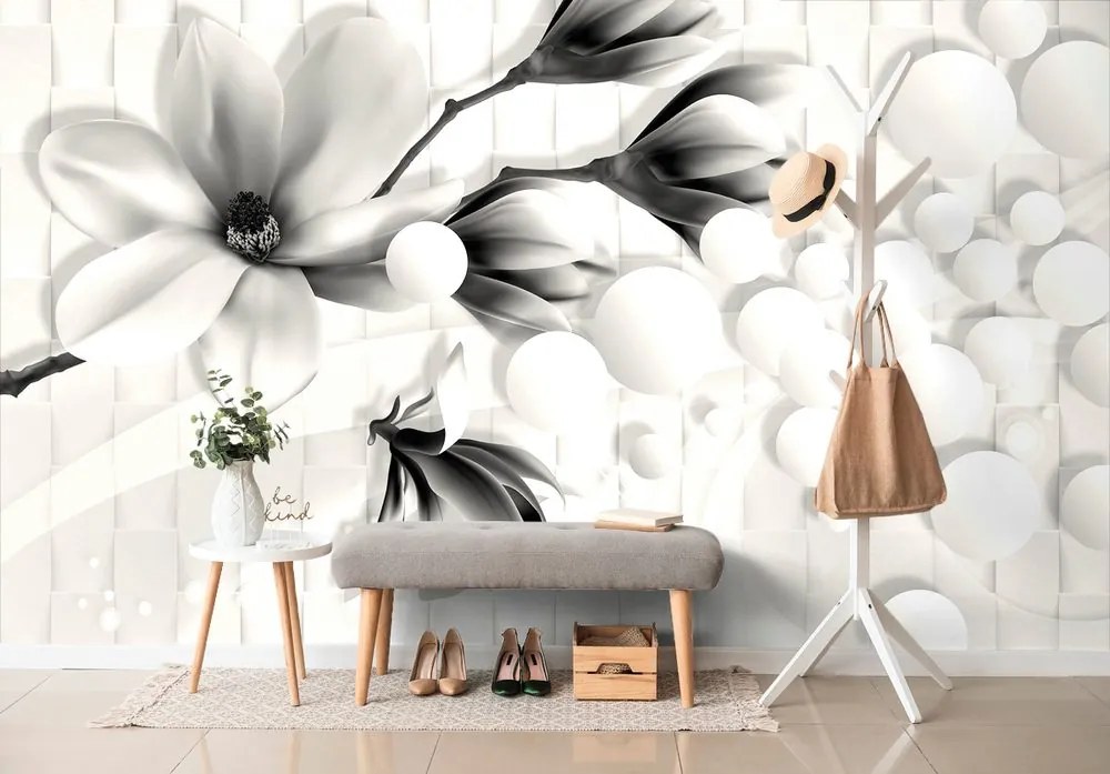 Carta da parati autoadesiva – Magnolia in bianco e nero con elementi astratti