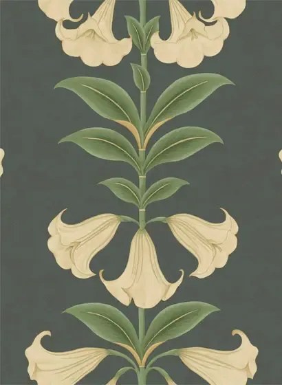Cole & Son Carta da parati Angels Trumpet - Cream/ Olive Green on Charcoal