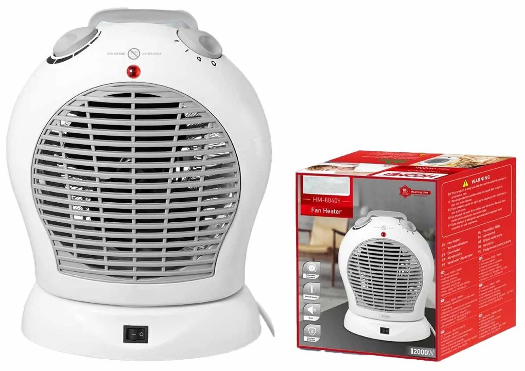 Termoventilatore Elettrico Rotondo Silenzioso con 2 Modalita 1000W 2000W Livelli Regolabile con Autoprotezione Surriscaldamento Bianco