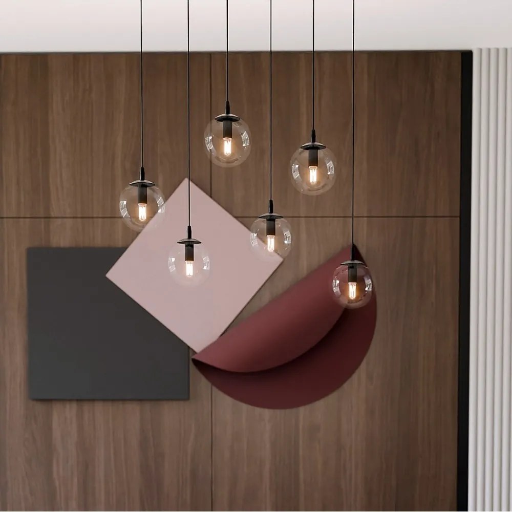 Lampadario a Sospensione in Acciaio e Vetro COSMO 6 Nero 6xE14 Colore delle Sfere Trasparente
