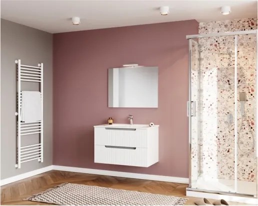 Mobile Da Bagno Cannettato 80 Cm Con Lavabo Specchio E Led LINE - Bianco Lucido