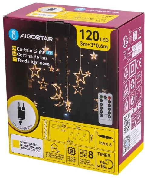 Aigostar - Catena luminosa LED natalizia da esterno 120xLED/6W/230V/8 funzioni 3x0,6m IP44 bianco caldo con telecomando