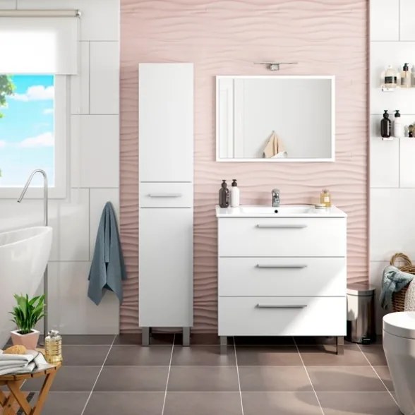 Mobile Bagno 80 Cm Con Lavabo Specchio E Colonna Da Terra Bianco Athena 3 Cassetti