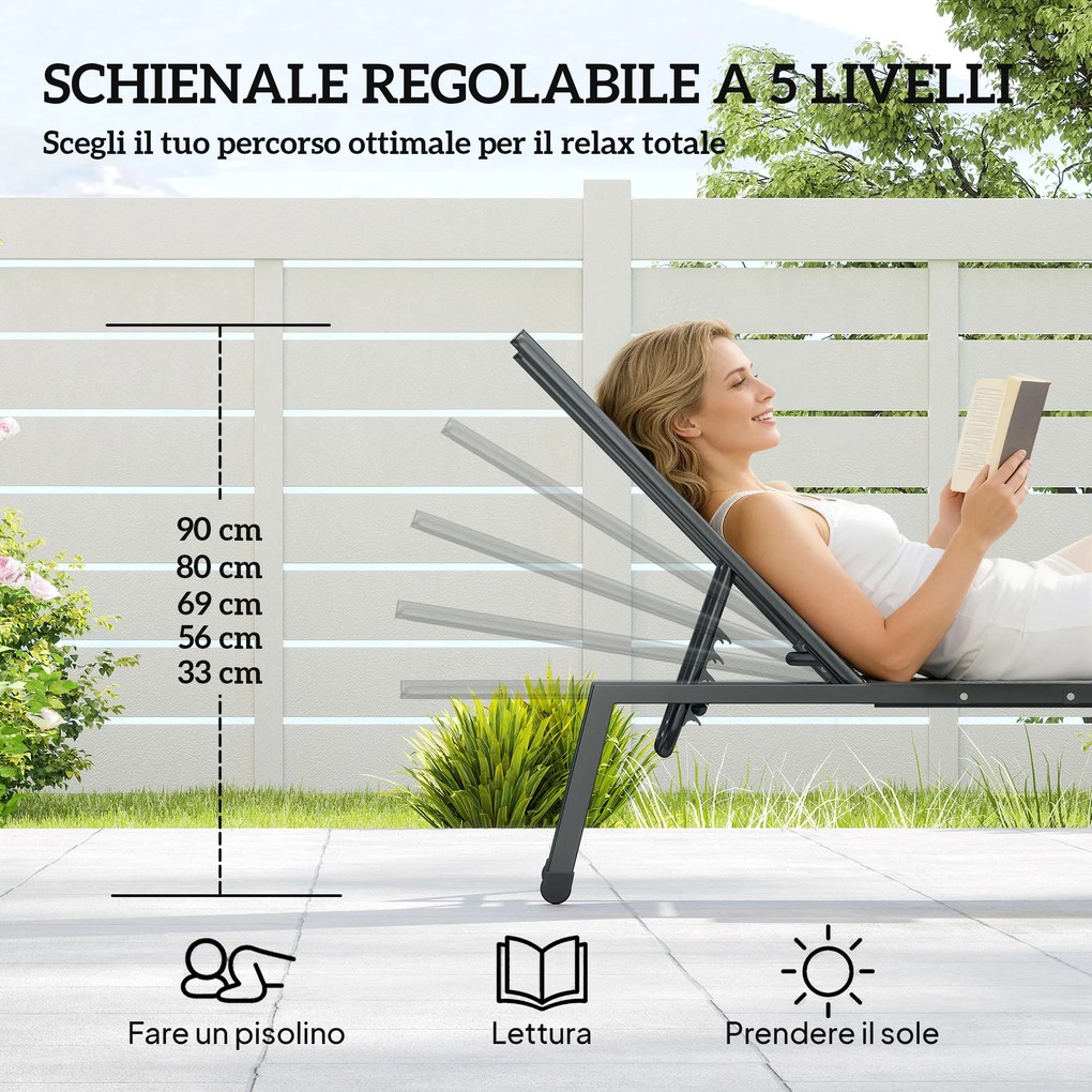 Set 2 Lettini Prendisole Regolabili in 5 Posizioni con Tavolino Laterale e 2 Ruote in Metallo e Poliestere Grigio...