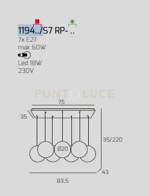 Sosp. bianco 7 luci rettangolare vetri piccoli fume' 1194bi-s7 rp-fu