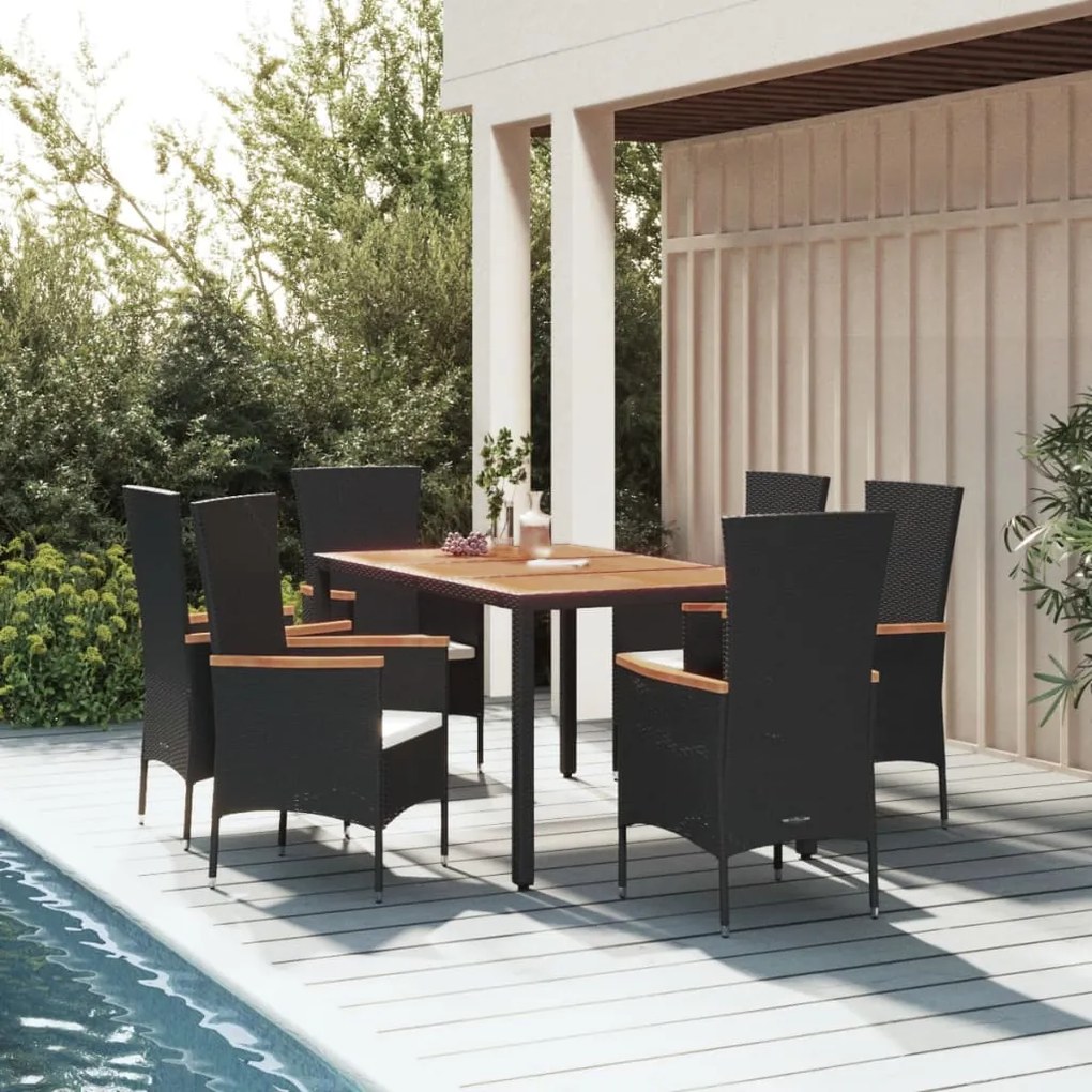 Set da pranzo da giardino 7 pz nero con cuscini in polyrattan
