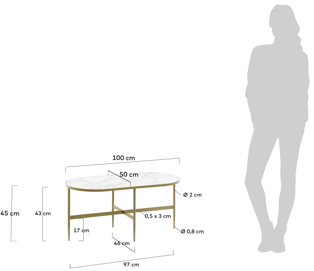 Kave Home - Tavolino Elisenda in vetro bianco e struttura in acciaio finitura oro 100 x 50 cm