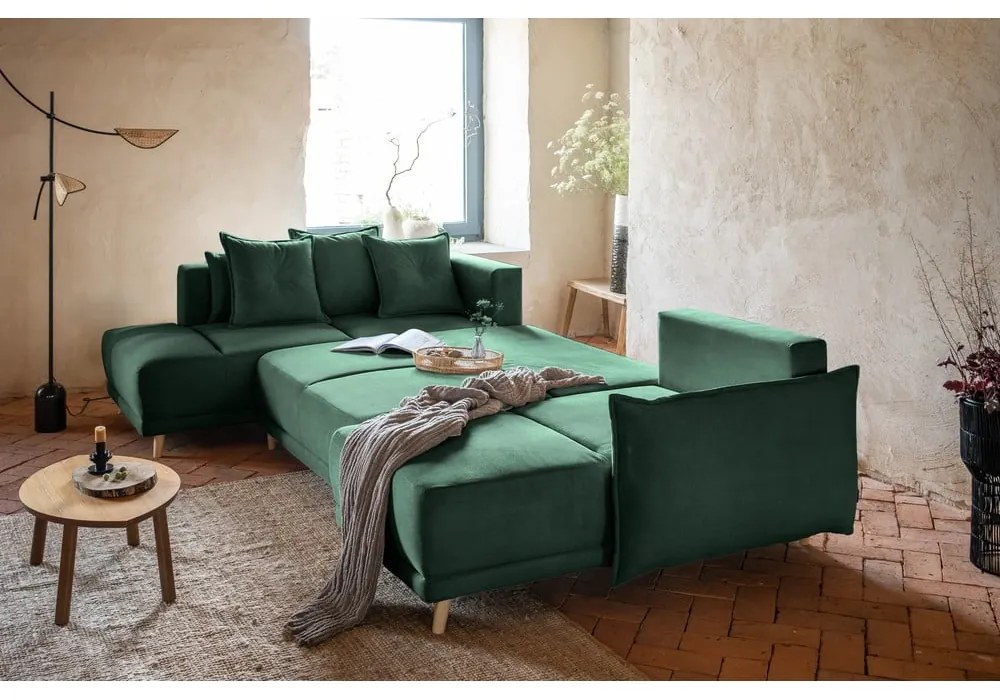 Divano letto angolare in velluto a coste verde (angolo sinistro/"U") Lazy Lukka - Miuform