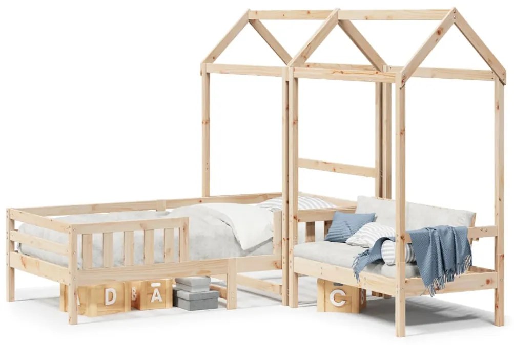 Set Letto E Panca Con Tetto 90x190 Cm İn Legno Massello Di Pino /