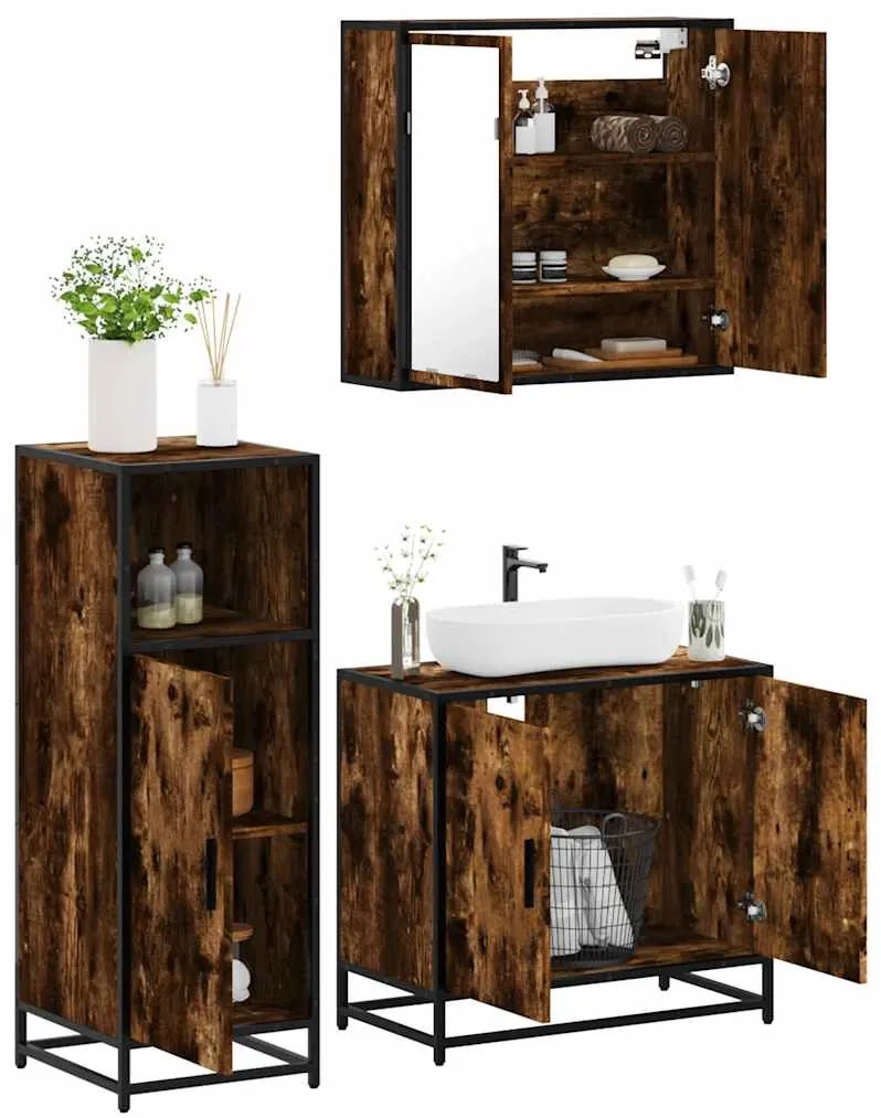 Set Mobili Da Bagno 3 Pz Rovere Fumo İn Legno Multistrato /