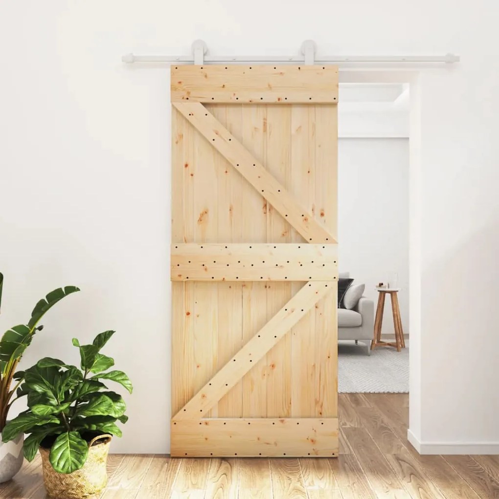 Porta Scorrevole Con Set Hardware 90x210 Cm Legno Massello Pino /