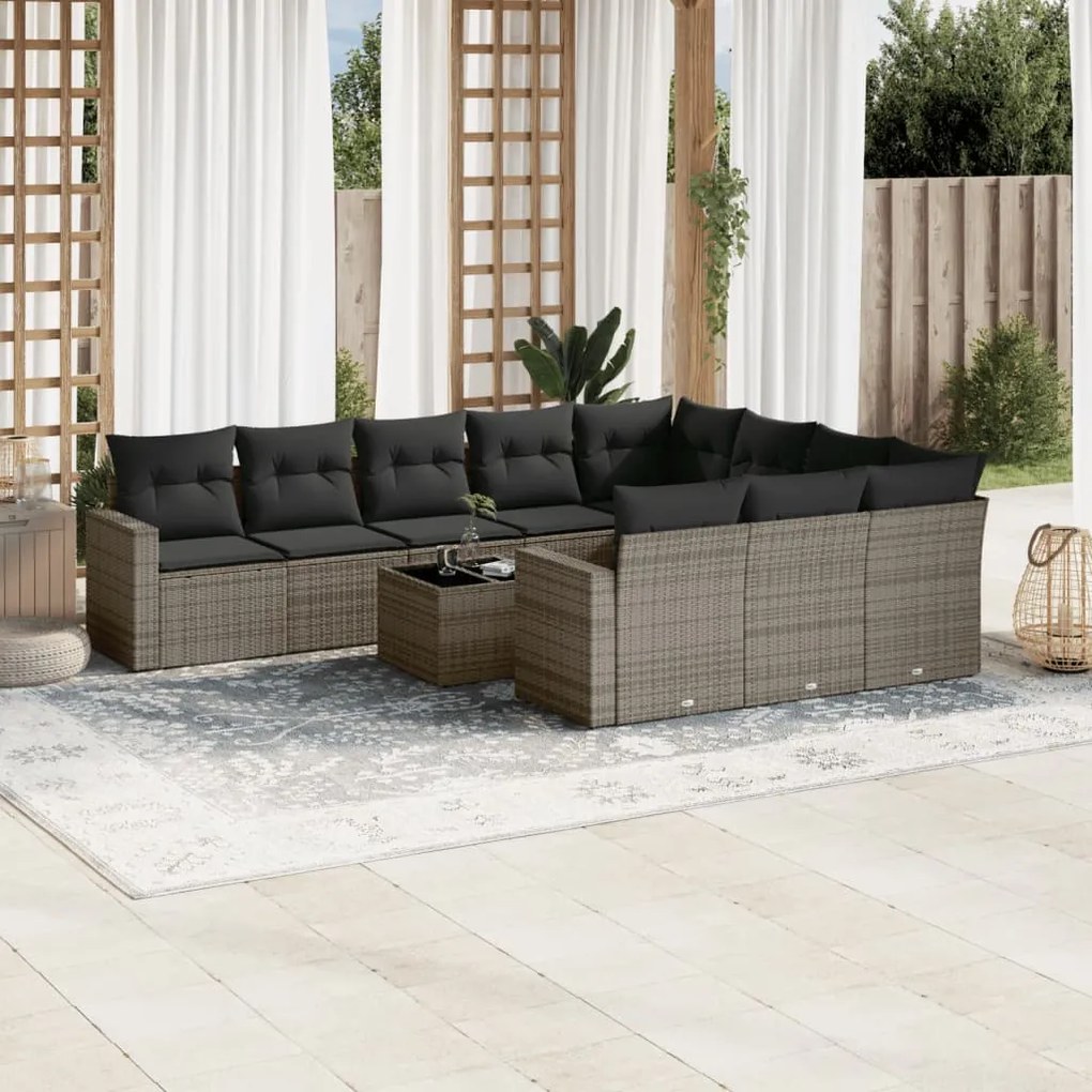 Set divani da giardino 11 pz con cuscini in polyrattan grigio