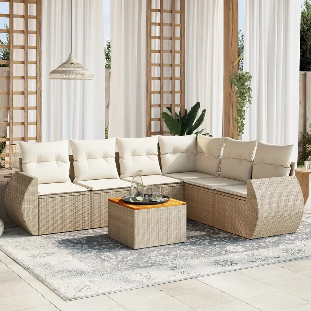 Set Divani da Giardino 7 pz con Cuscini Beige in Polyrattan