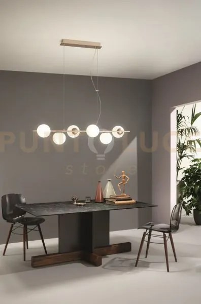 Sospensione monile 6 luci attacco e14 oro e vetri bianchi l.120cm