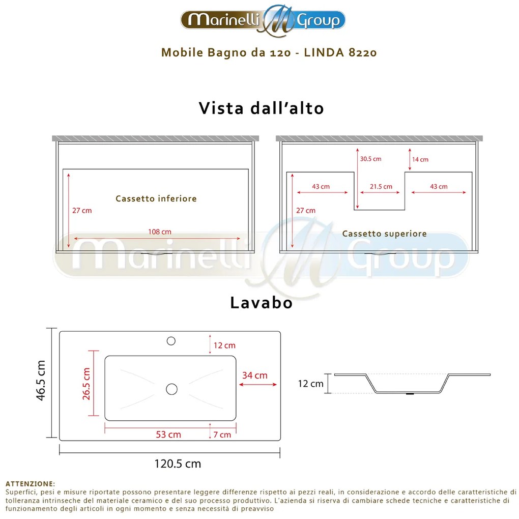 Mobile bagno LINDA120 Rovere Chiaro 8220 con lavabo in ceramica - CON LUCE LED