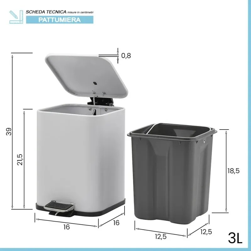 Pattumiera bagno 3lt in acciaio bianco con apertura a pedale e cesto estraibile
