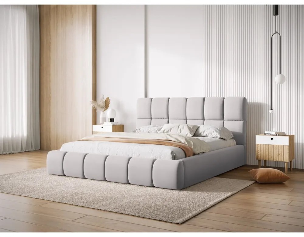 Letto matrimoniale imbottito in grigio chiaro in velluto con contenitore con rete inclusa 180x200 cm Bellis – Micadoni