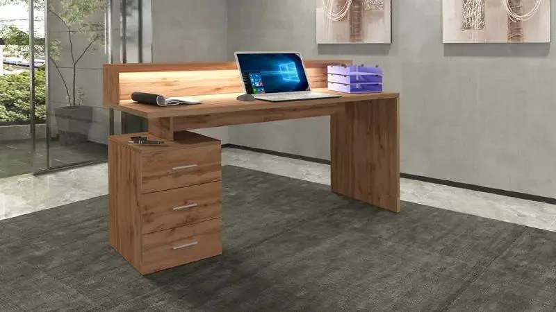 Scrivania Angolare Moderna New Selina con Sopralzo e 3 Cassetti, Wotan