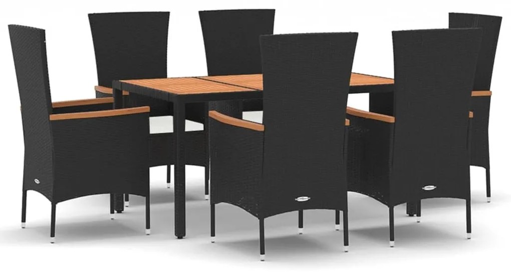 Set da pranzo da giardino 7 pz nero con cuscini in polyrattan