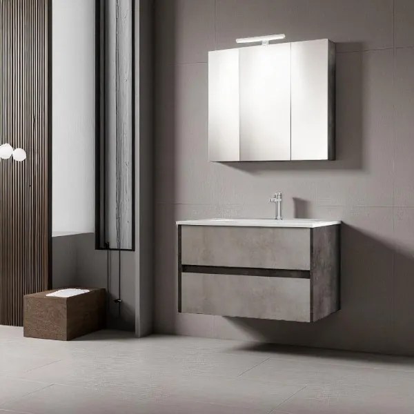 Mobile da bagno sospeso moderno con lavabo 81 cm a 2 cassettoni maniglie a gola, effetto cemento