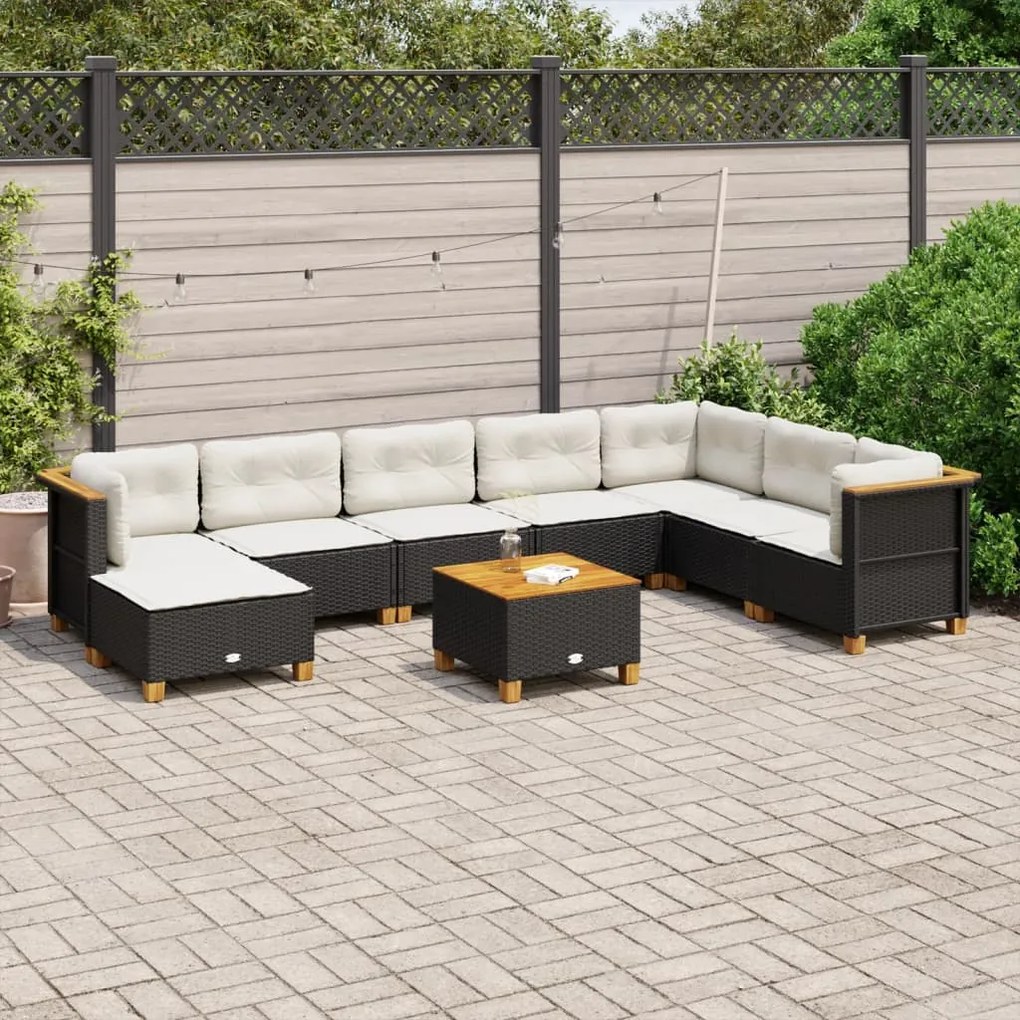 Set divani da giardino 9 pz con cuscini nero in polyrattan