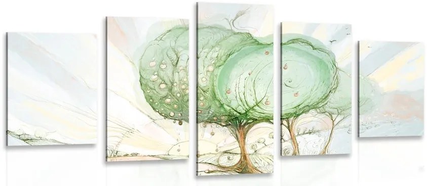 Quadri 5 pezzi – Alberi su campo pastello