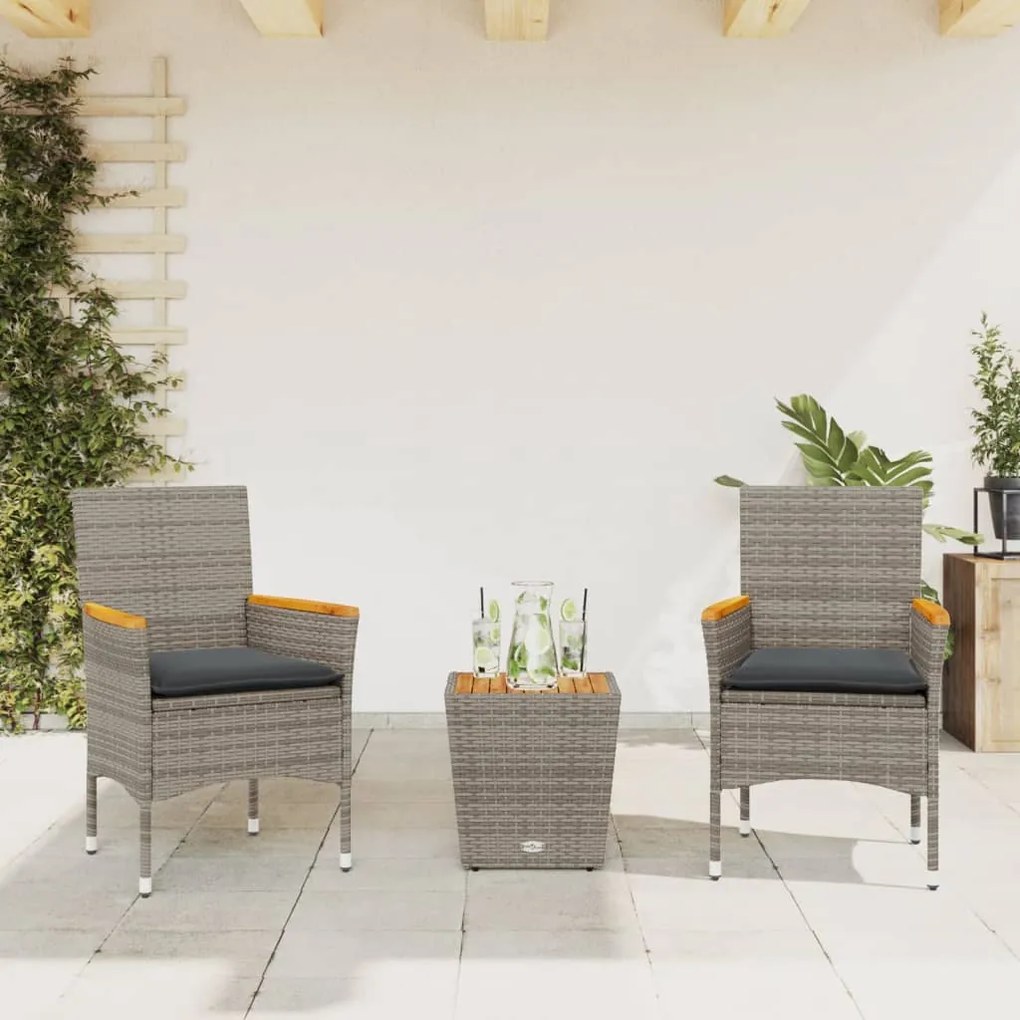 Set Da Bistrò 3 Pz Con Cuscini Grigio Polyrattan E Vetro /