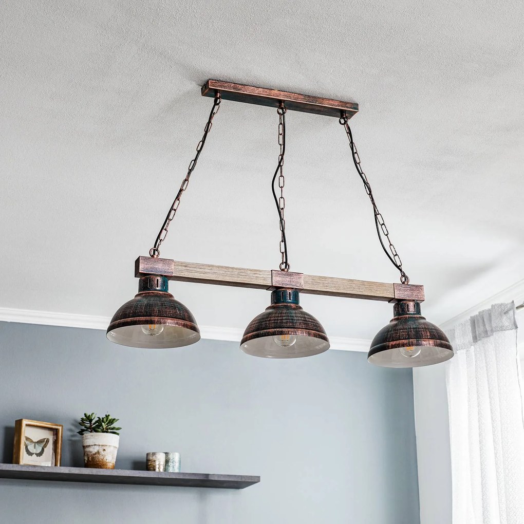 Luminex Lampada a sospensione Hakon 3 luci ruggine/legno naturale