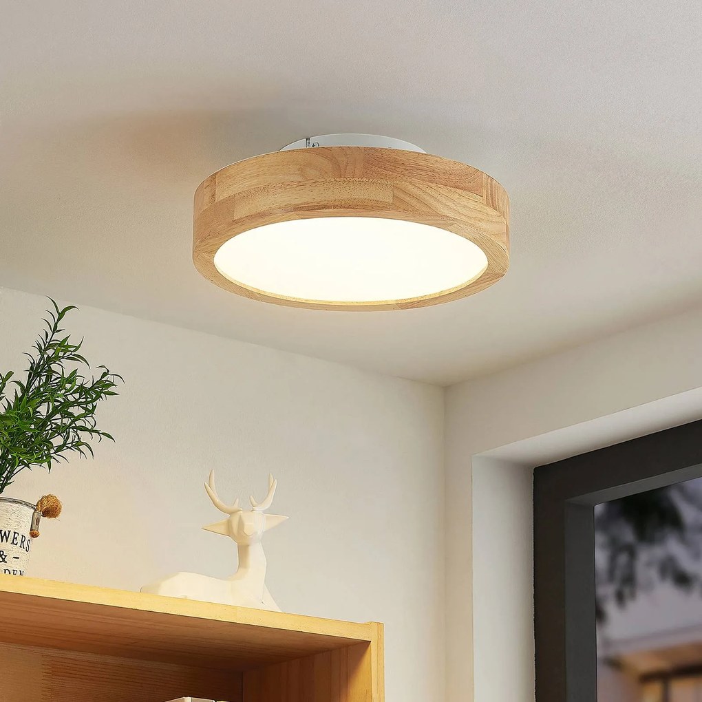 Lindby plafoniera LED Lanira, Ø 30 cm, legno, telecomando, CCT