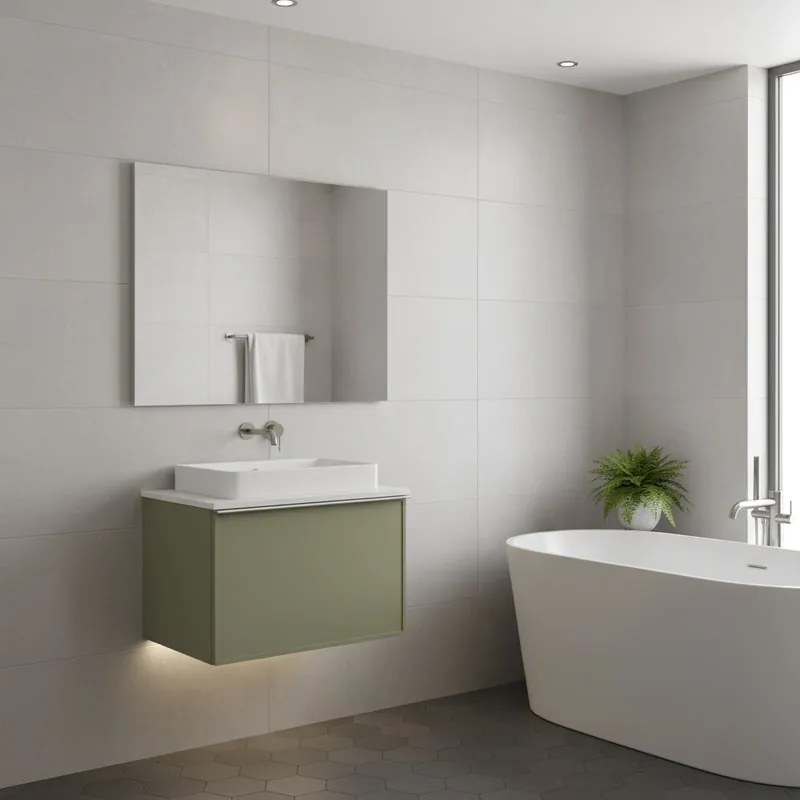 Mobile da bagno sospeso sotto lavaboPixel frame 1 cassetto L 60 x H 40 x P 45.5 cm verde salvia laccato opaco, con maniglia alluminio brillante