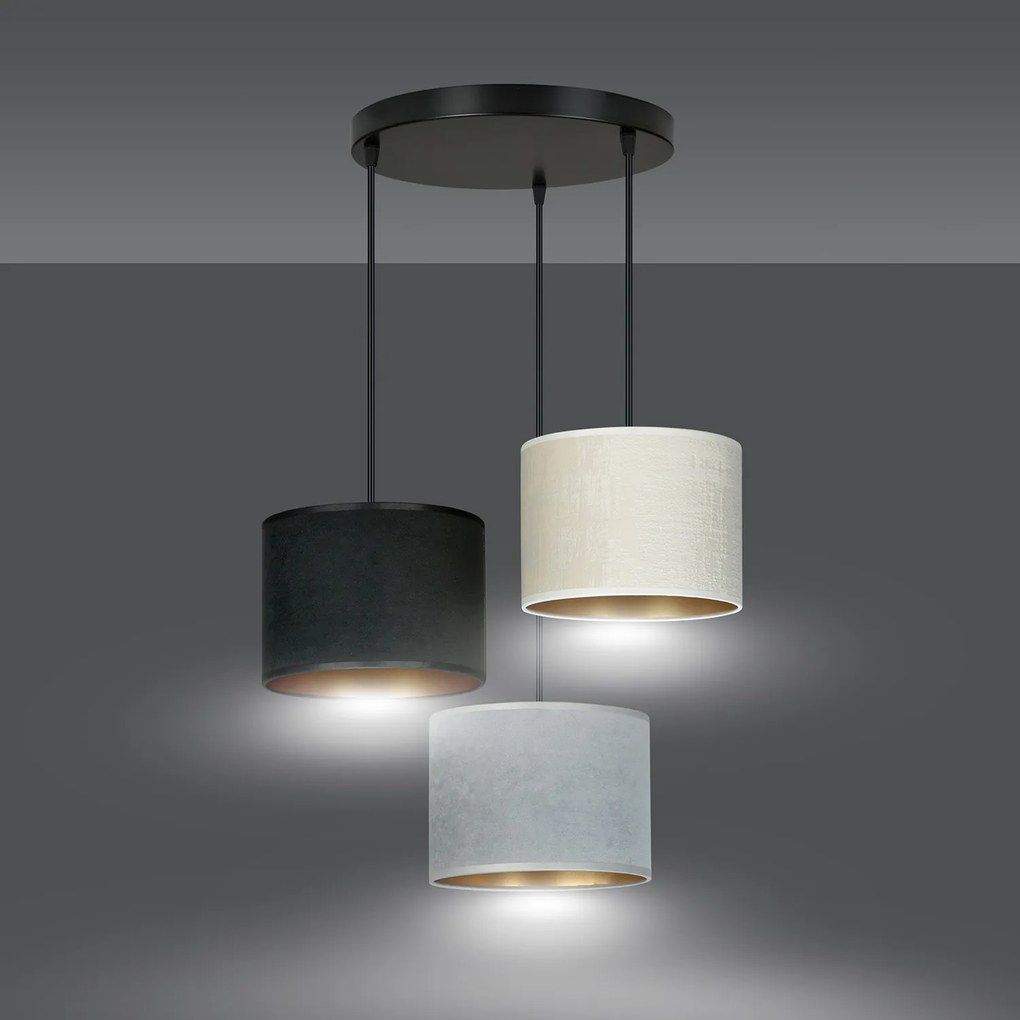 Lampadario Tondo 3 Luci Ganesha In Acciaio Nero E Paralumi In Tessuto Multicolore