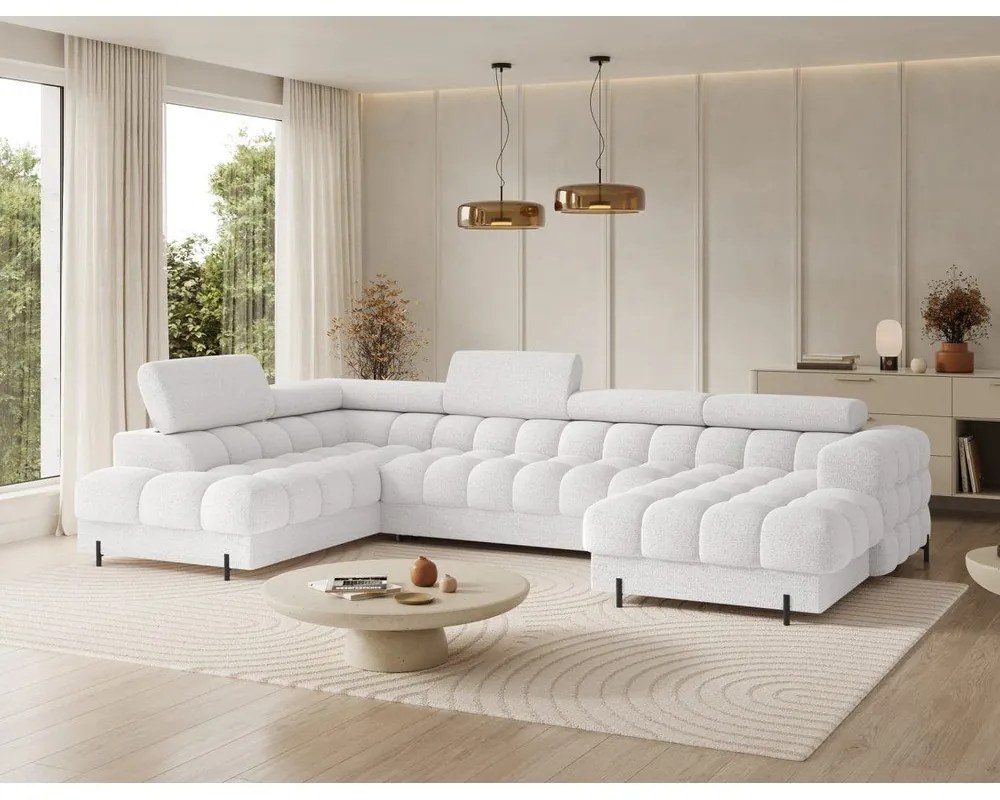 Divano angolare color crema allungabile (con penisola a sinistra/a U) con rivestimento in bouclé Feraria – ELTAP