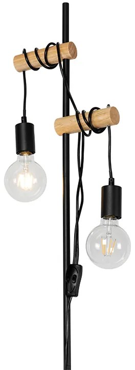 Lampada da terra rustica nera con legno 2 luci - Dami