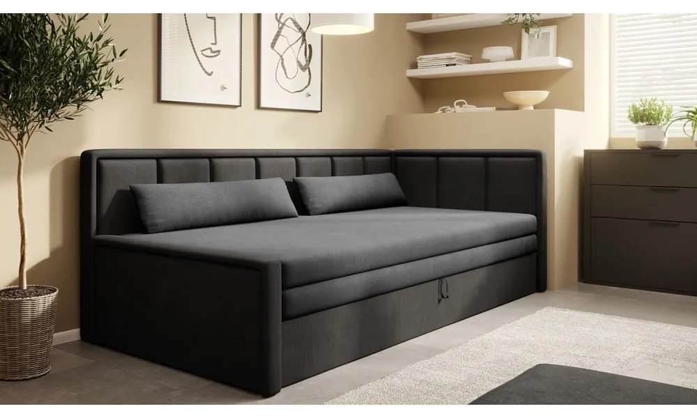 Divano grigio scuro allungabile/con contenitore e rivestimento in ciniglia 214 cm Fulgeo – ELTAP